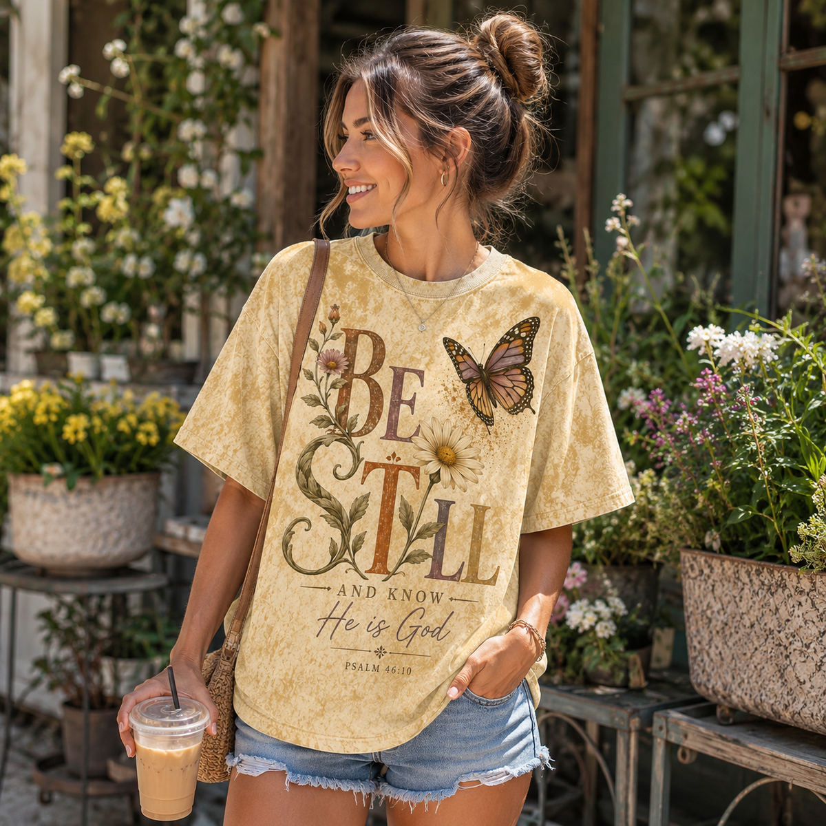 Psalm 46:10 Botanical Butterfly T-Shirt - Be Still and Know He Is God - Golden Acid Wash Christian Tee