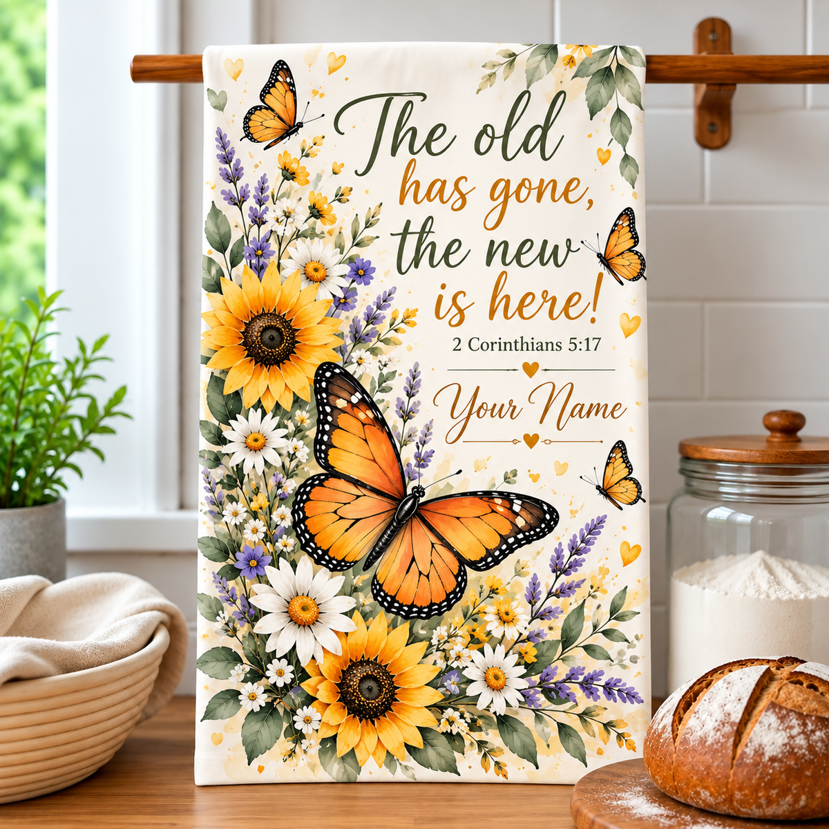Personalized New Is Here Butterfly Kitchen Towel