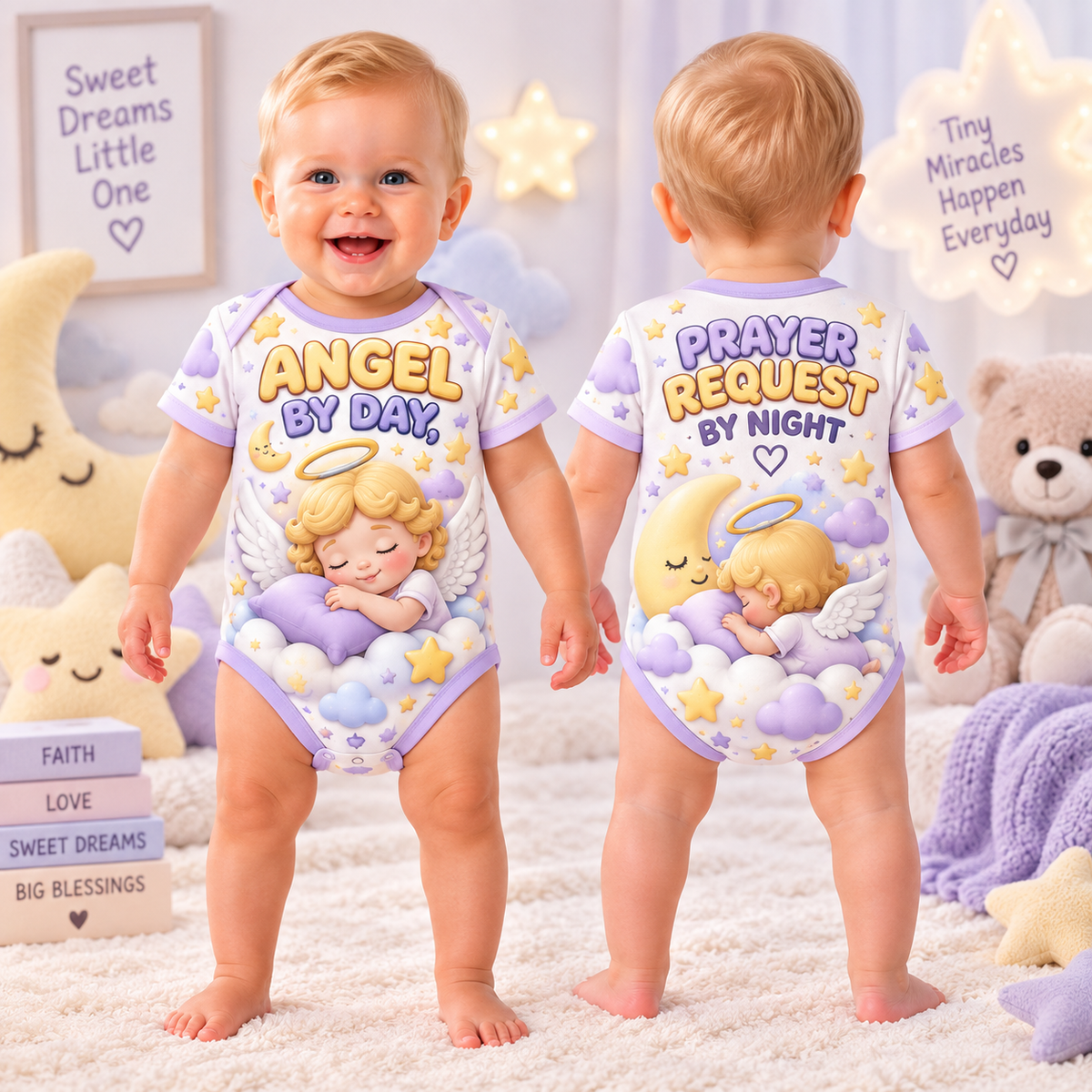 Baby bodysuit front and back with sleeping blond angel, Angel By Day and Prayer Request By Night text