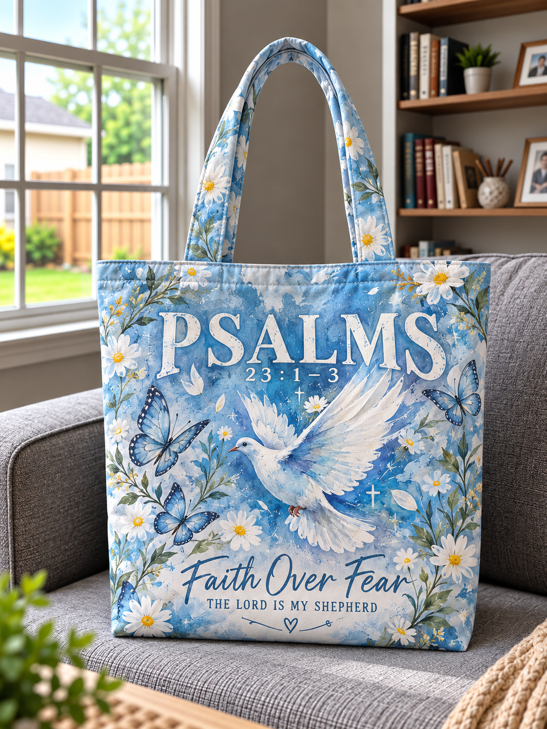 Psalms 23 Faith Over Fear White Dove Daisy Tote Bag
