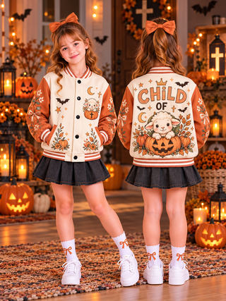 Pumpkin Lamb Kids Baseball Jacket