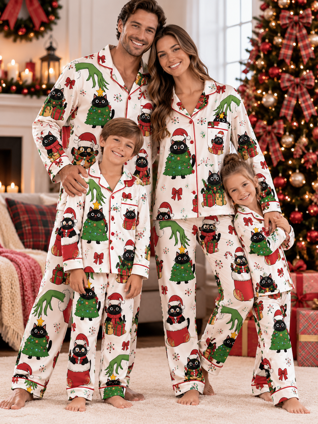 Christmas Tree Black Cats Family Ice Silk Pajamas