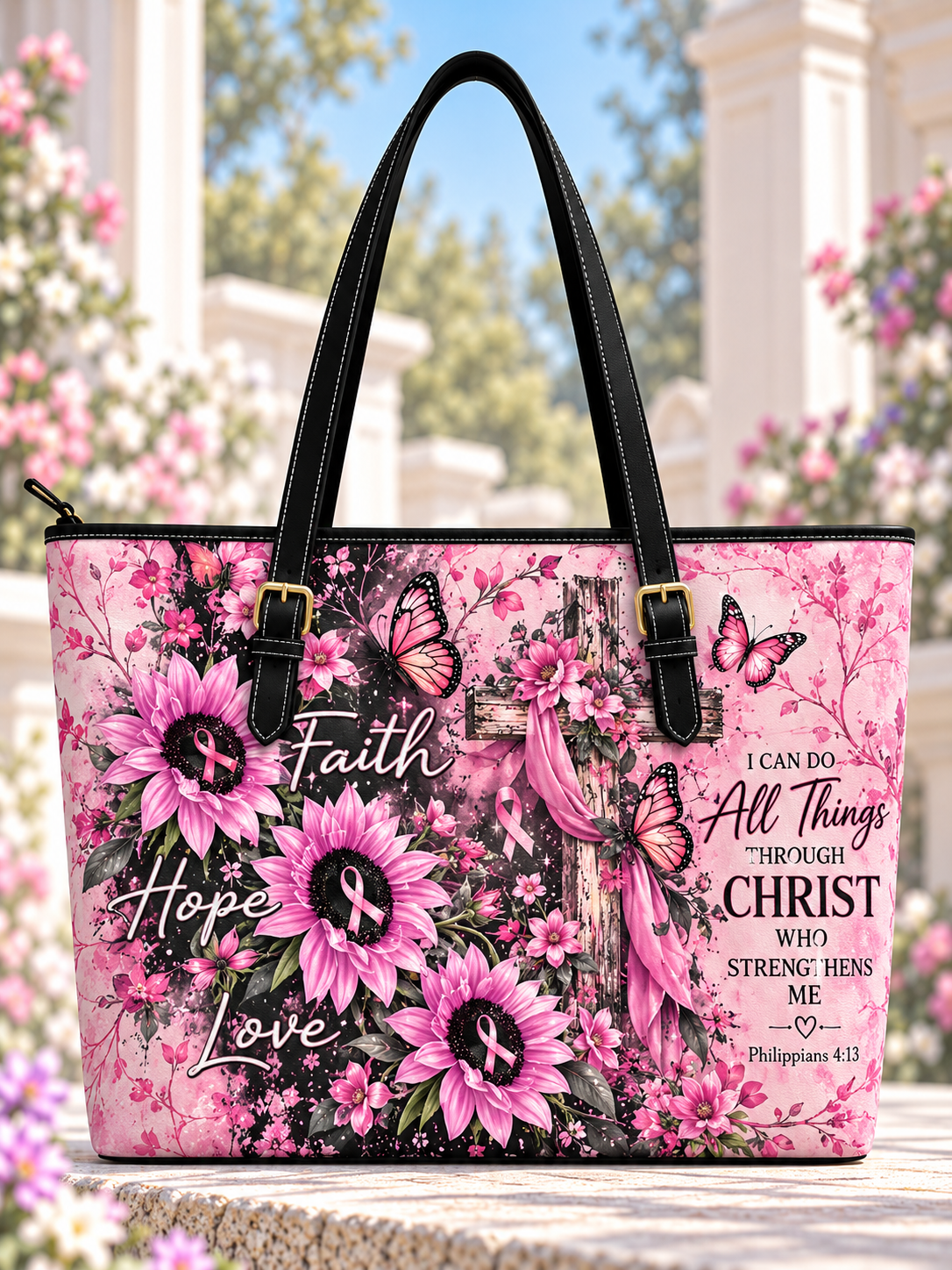 I Can Do All Things Pink Sunflower Ribbon Cross Saddle Bag