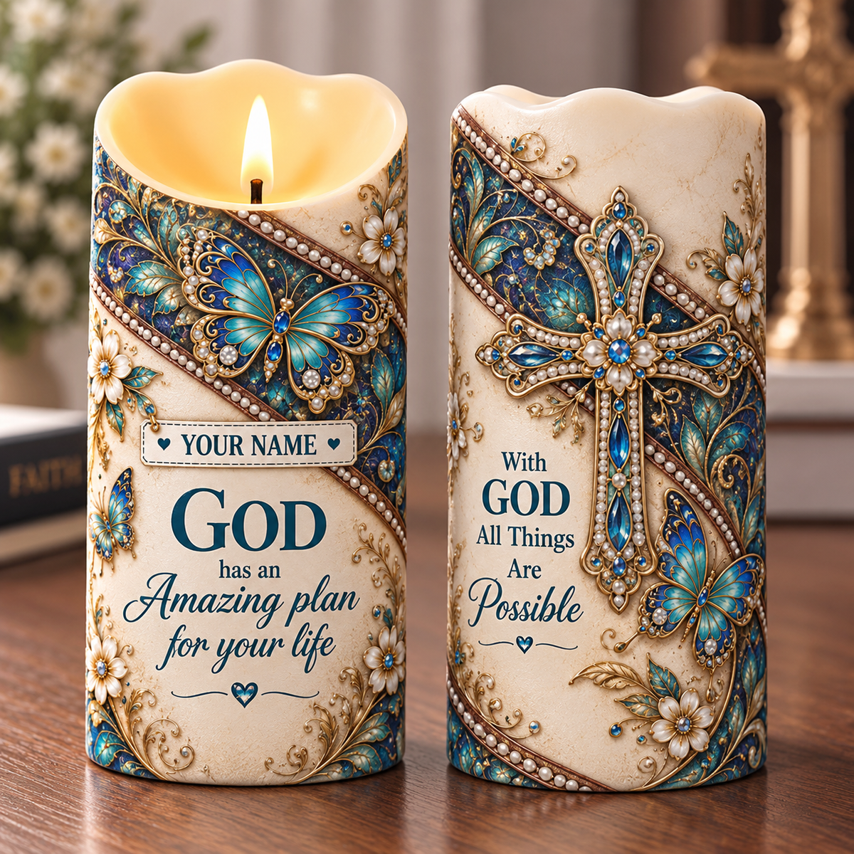 Personalized Blue Butterfly Cross Flameless LED Candle