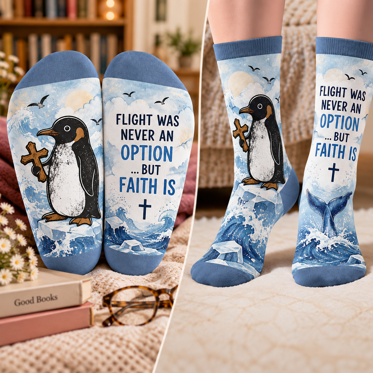 Flight Was Never An Option But Faith Is Penguin Mid-Tube Socks