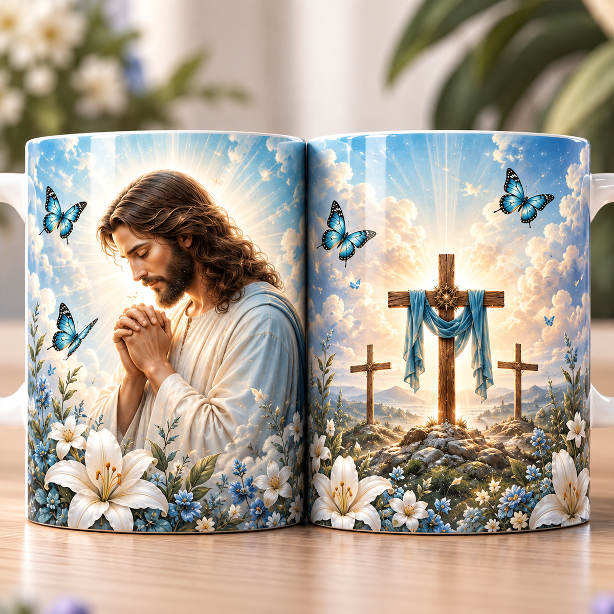 He Lives Three Crosses Blue Butterfly Coffee Mug