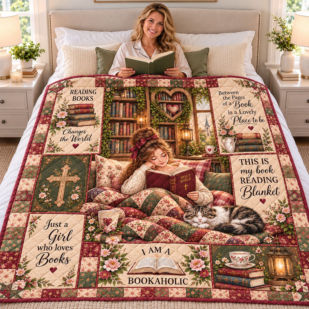 Book Lover Girl and Cat Quilt