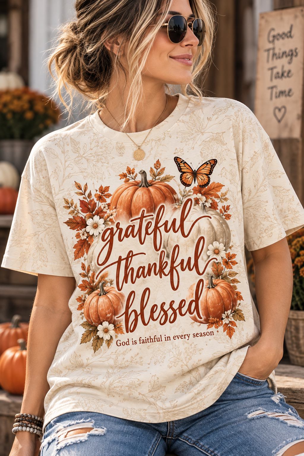Grateful Thankful Blessed Cream Pumpkin Butterfly Christian T-Shirt