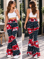 Red Floral Star Flare Yoga Pants