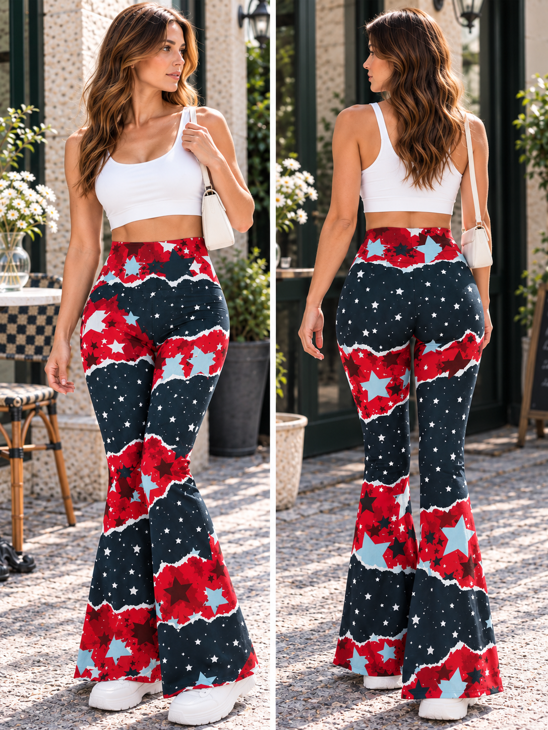 Red Floral Star Flare Yoga Pants