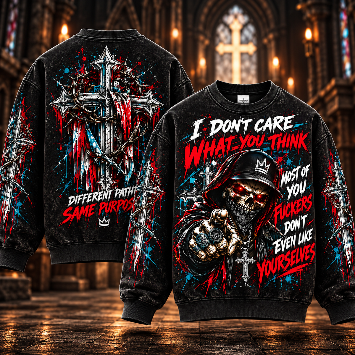 I Don't Care What You Think – Sarcastic Hooded Skull Sweatshirt
