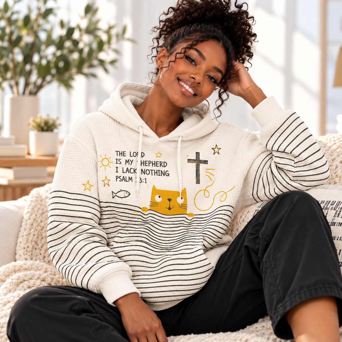 Peekaboo Cat Striped Waffle Hoodie
