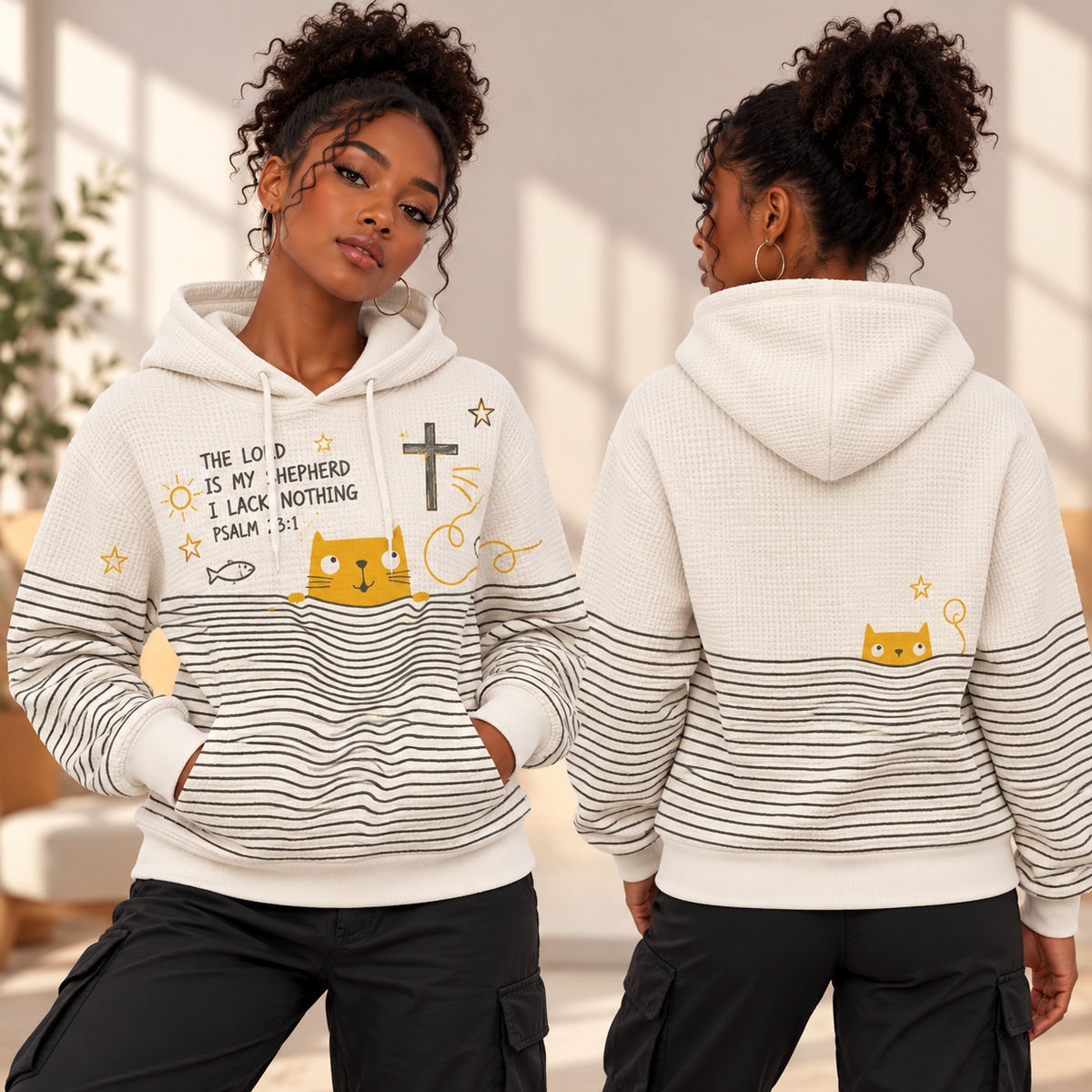 Peekaboo Cat Striped Waffle Hoodie
