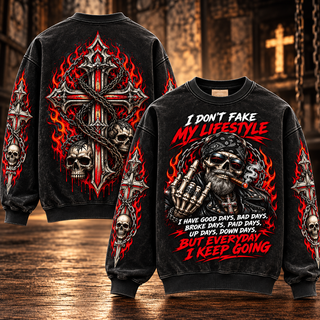 I Don't Fake My Lifestyle – Keep Going Biker Skull Sweatshirt