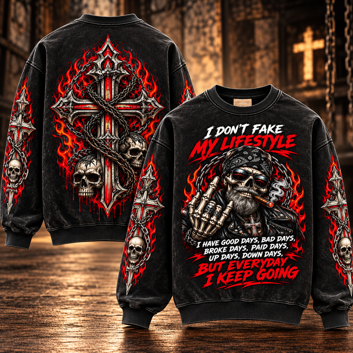 I Don't Fake My Lifestyle – Keep Going Biker Skull Sweatshirt