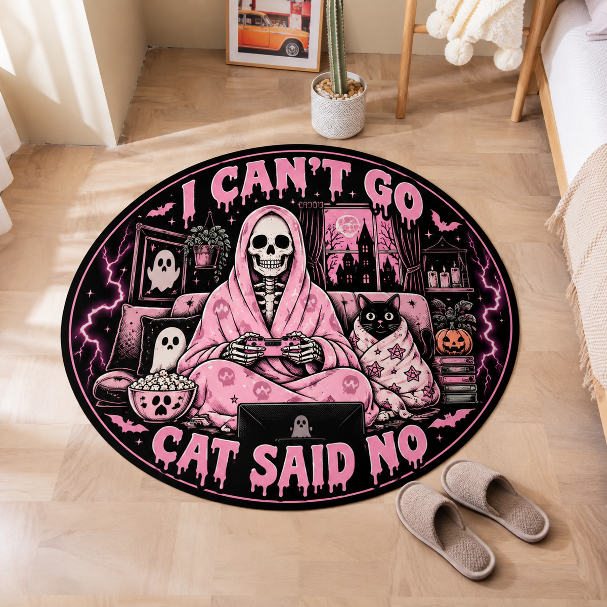 I Can't Go Cat Said No Halloween Round Rug
