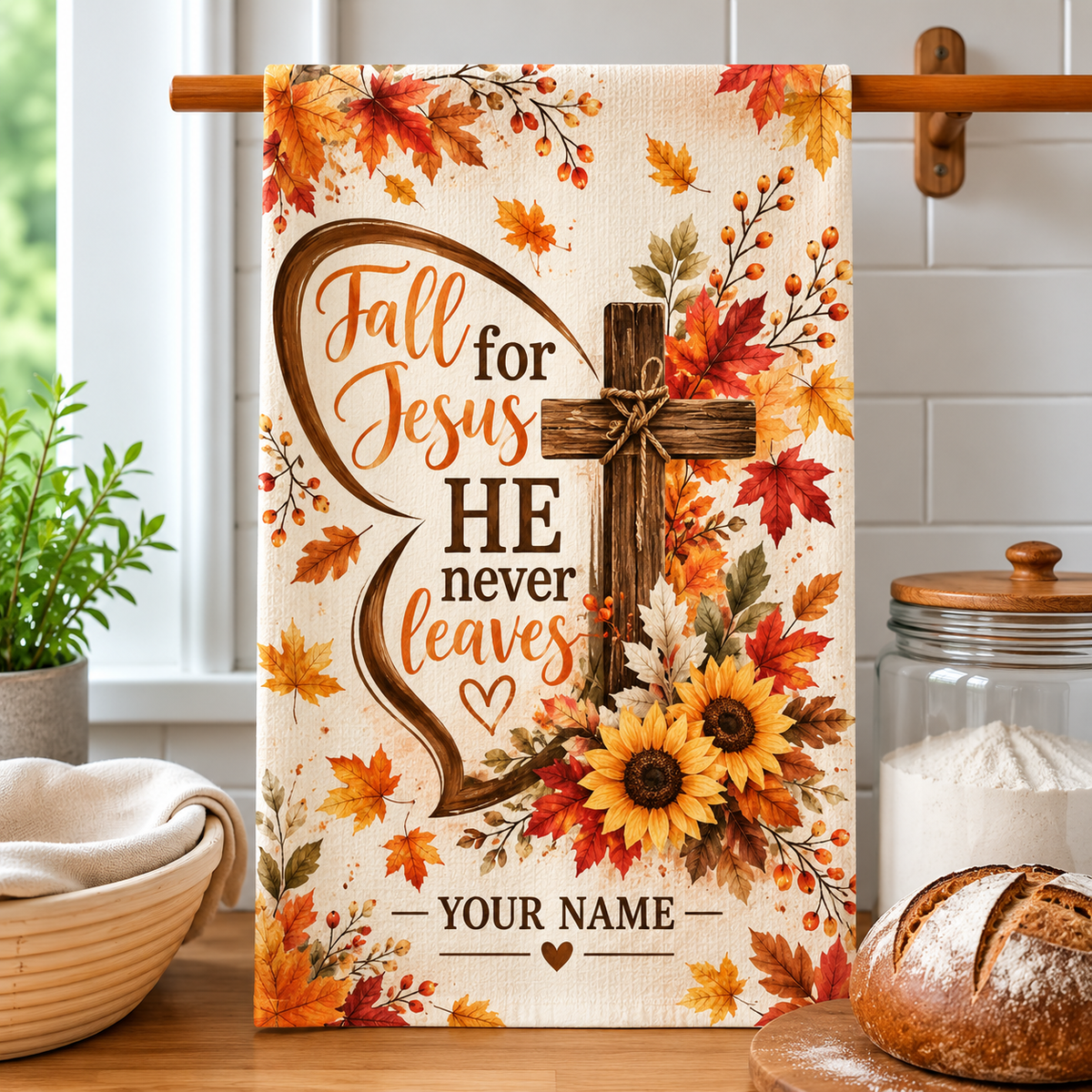 Personalized Fall For Jesus Cross Kitchen Towel