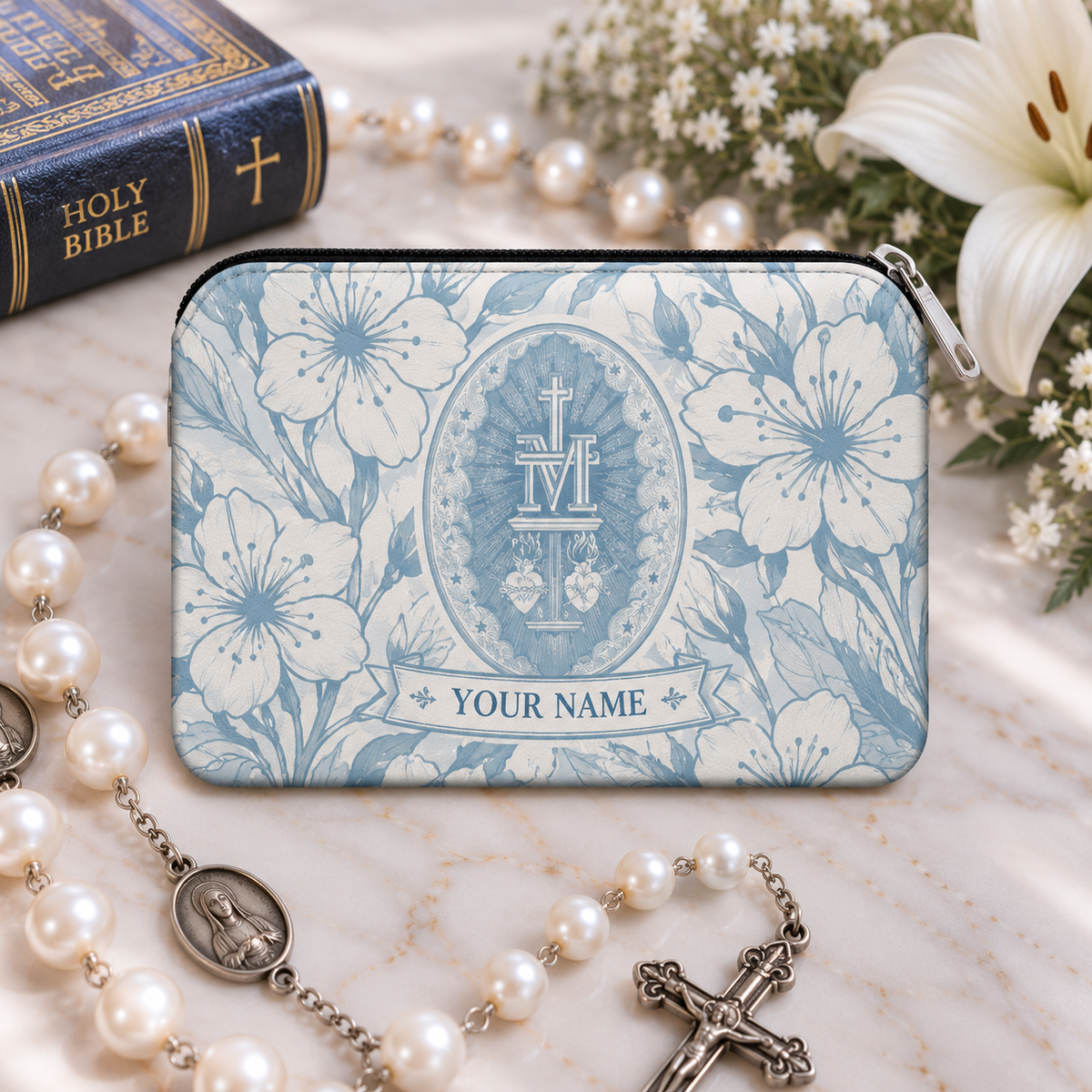 Marian Medal Floral Personalized PU Leather Pouch