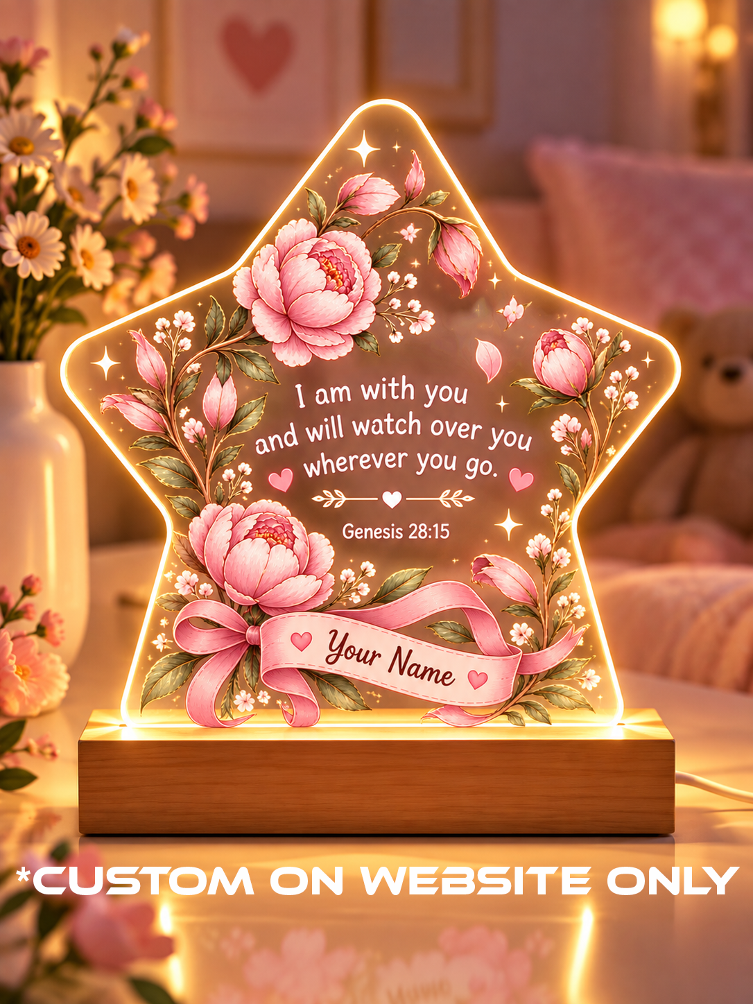 Genesis 28:15 Pink Floral Star Personalize LED Night Light