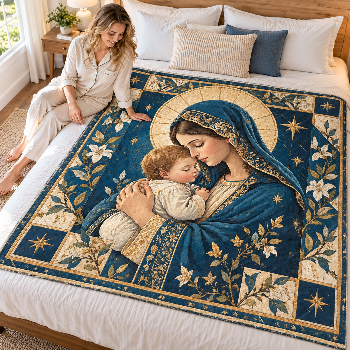 Mother and Child Blue Floral Quilt