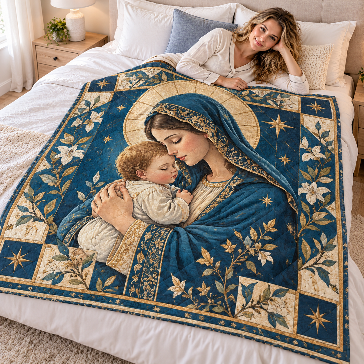 Mother and Child Blue Floral Quilt