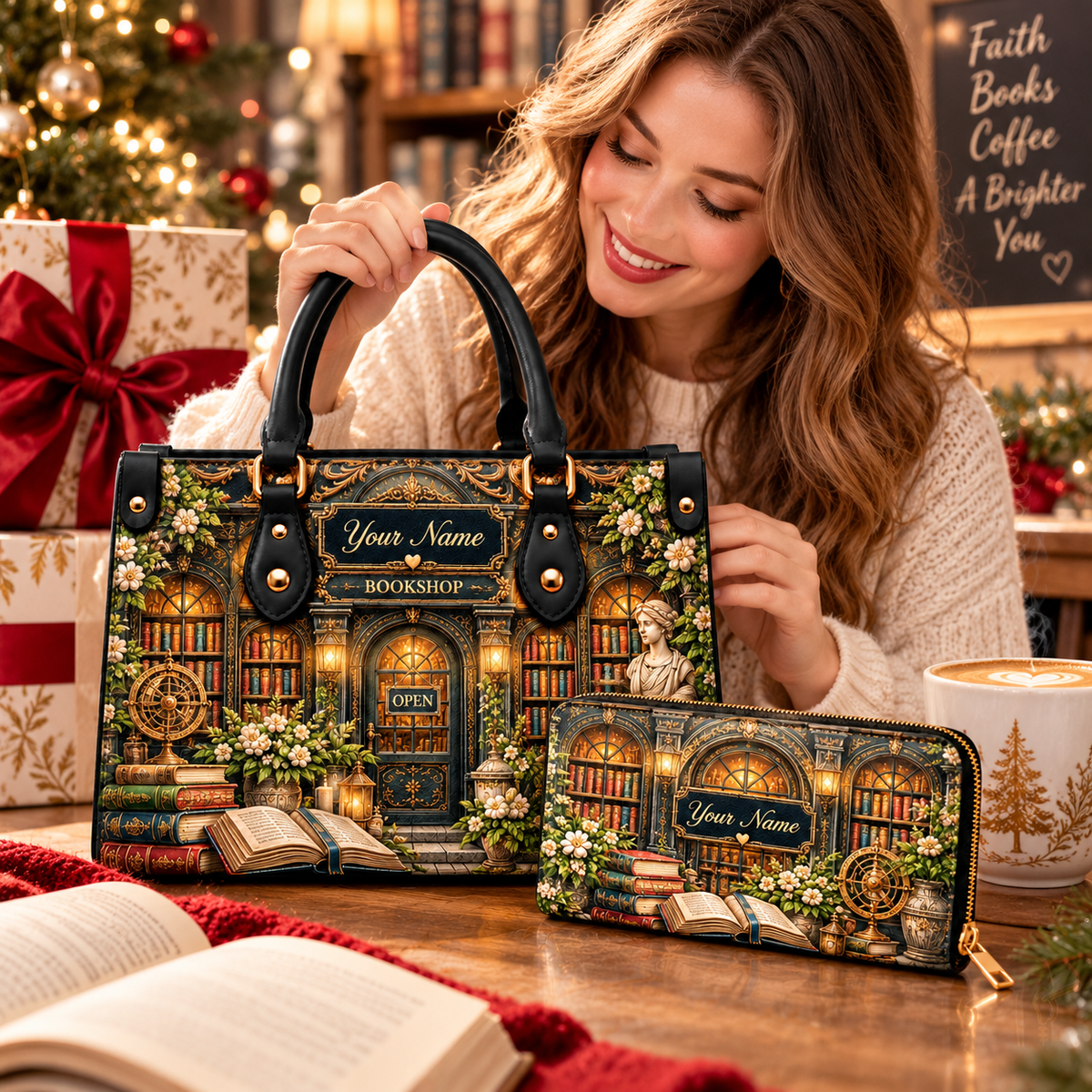 Personalized Vintage Bookshop PU Leather Handbag & Leather Long Wallet