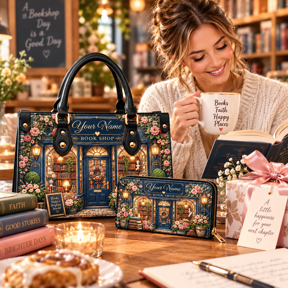 Personalized Rose Bookshop PU Leather Handbag & Leather Long Wallet