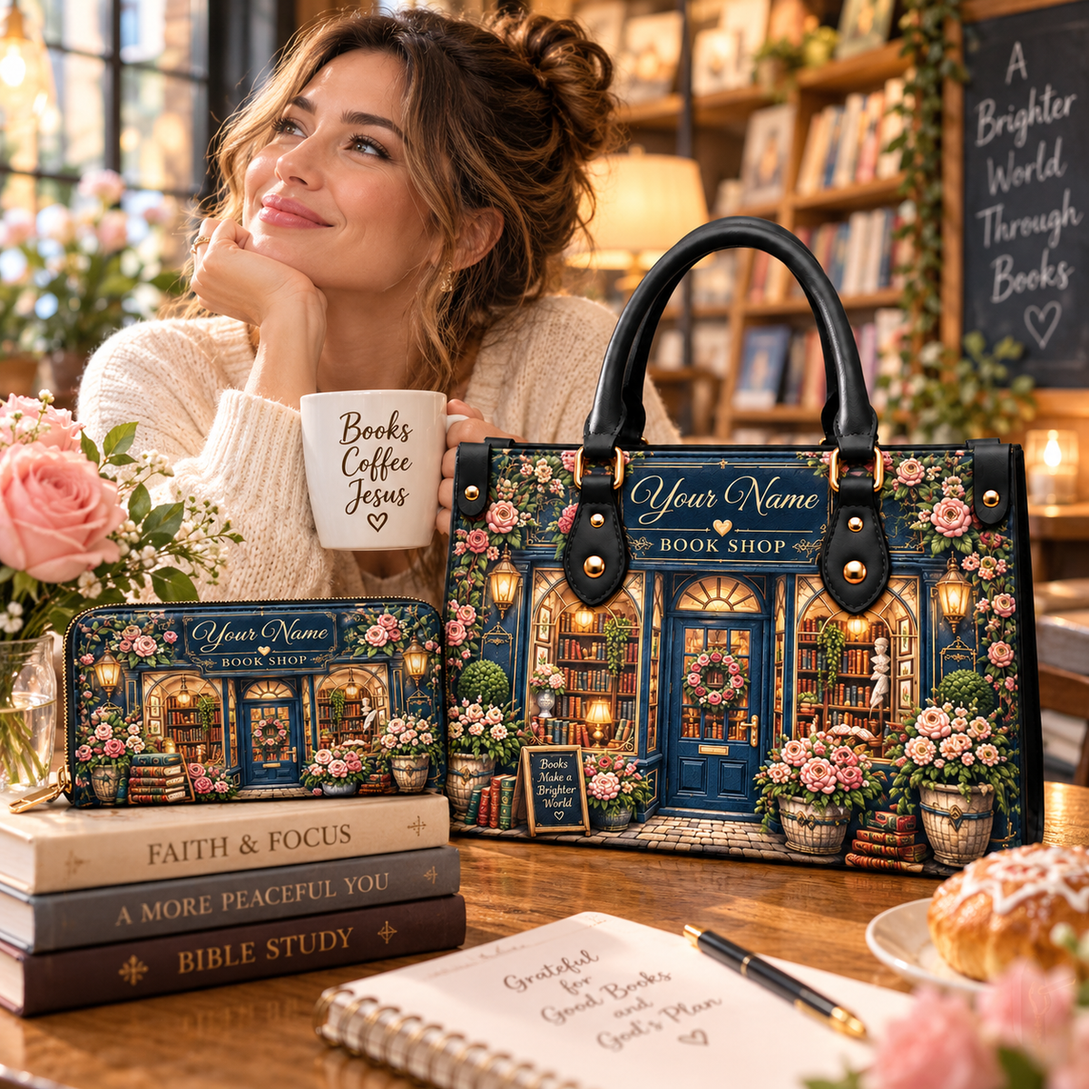Personalized Rose Bookshop PU Leather Handbag & Leather Long Wallet