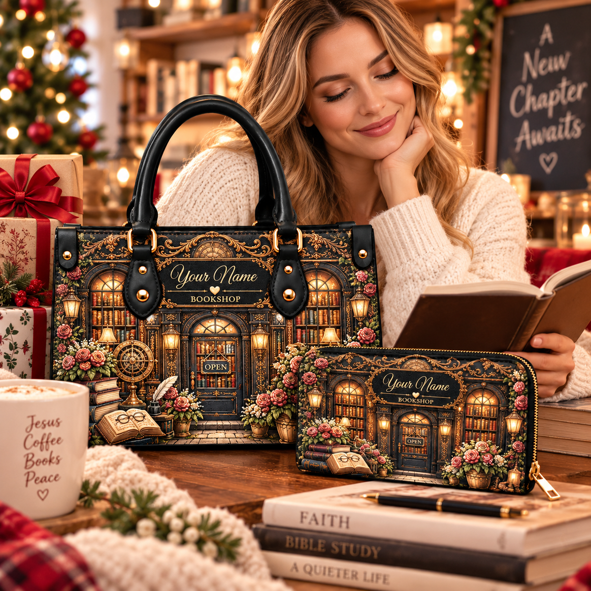 Personalized Ornate Bookshop PU Leather Handbag & Leather Long Wallet