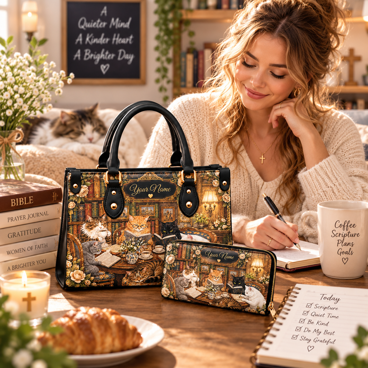 Personalized Book Club Cats PU Leather Handbag & Leather Long Wallet