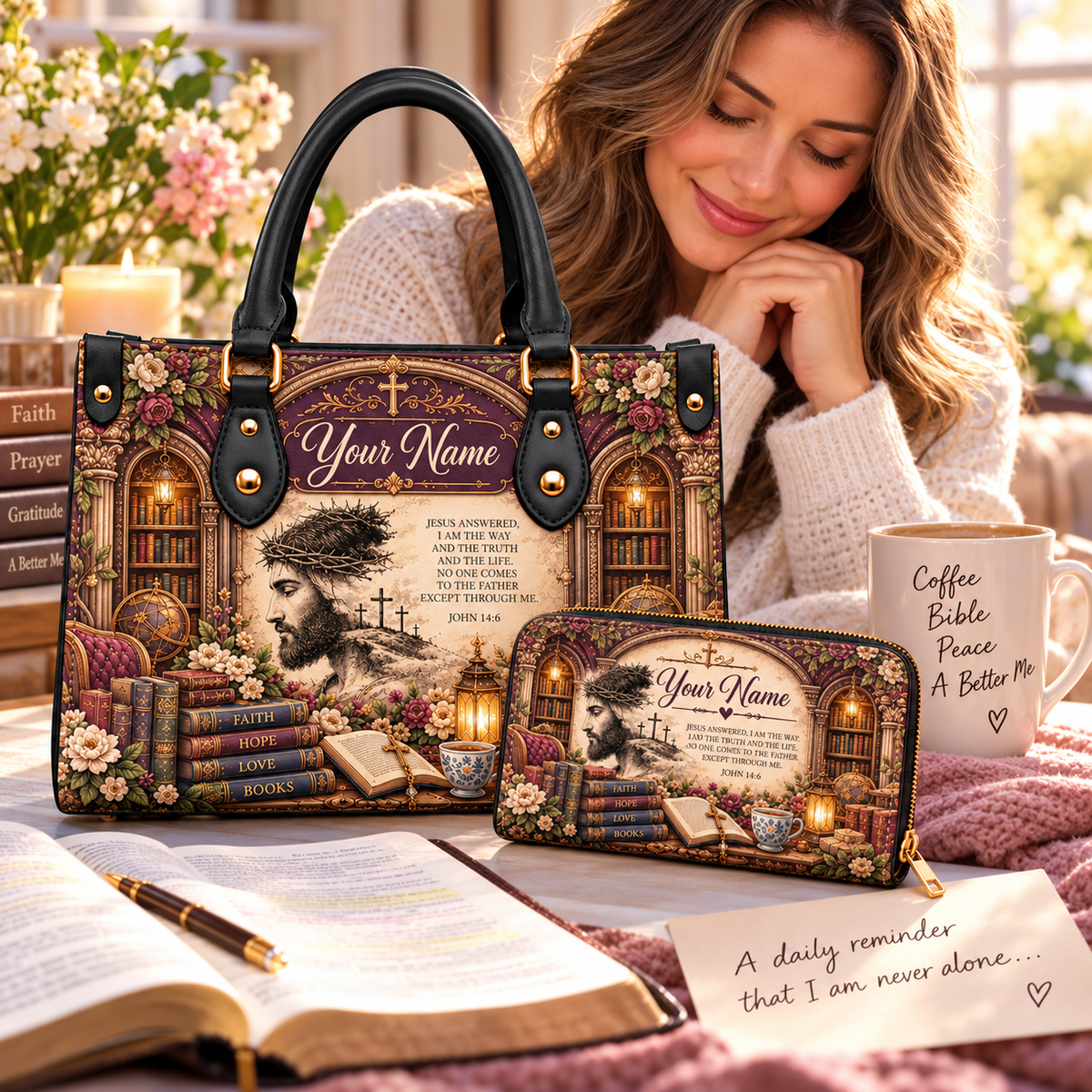 Personalized Vintage Library PU Leather Handbag & Leather Long Wallet