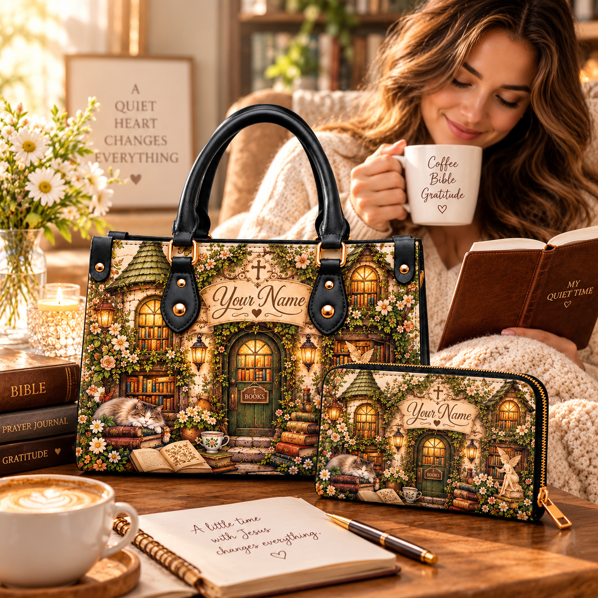 Personalized Cottage Bookshop PU Leather Handbag & Leather Long Wallet