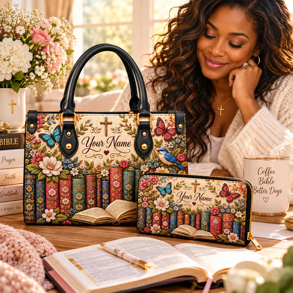 Personalized Floral Books PU Leather Handbag & Leather Long Wallet