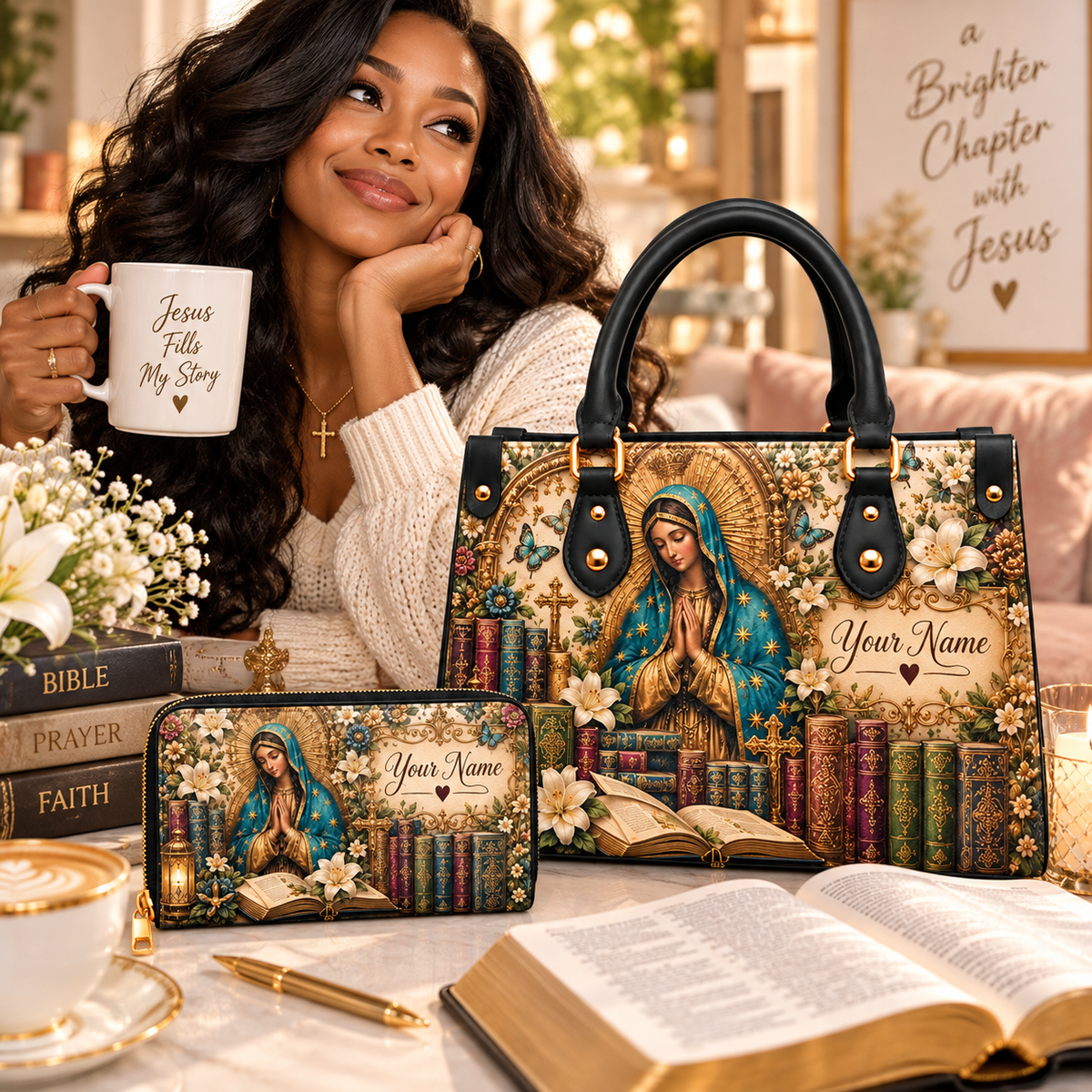 Personalized Teal Portrait Books PU Leather Handbag & Leather Long Wallet