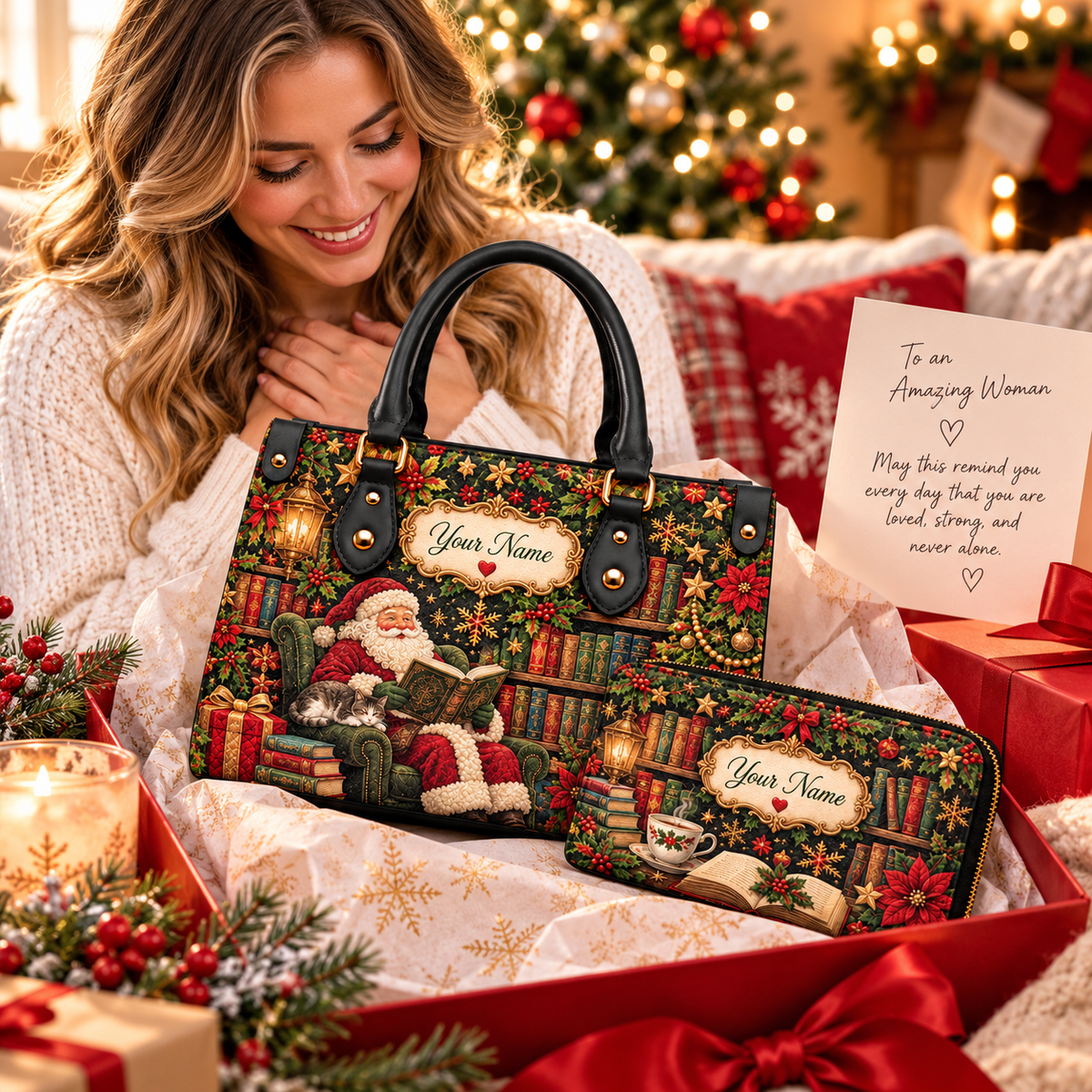 Personalized Reading Santa PU Leather Handbag & Leather Long Wallet