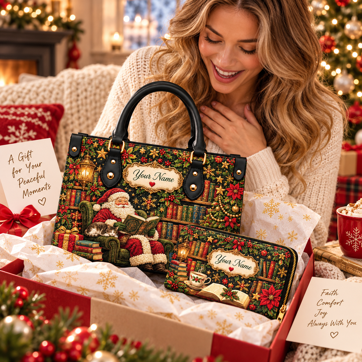 Personalized Reading Santa PU Leather Handbag & Leather Long Wallet