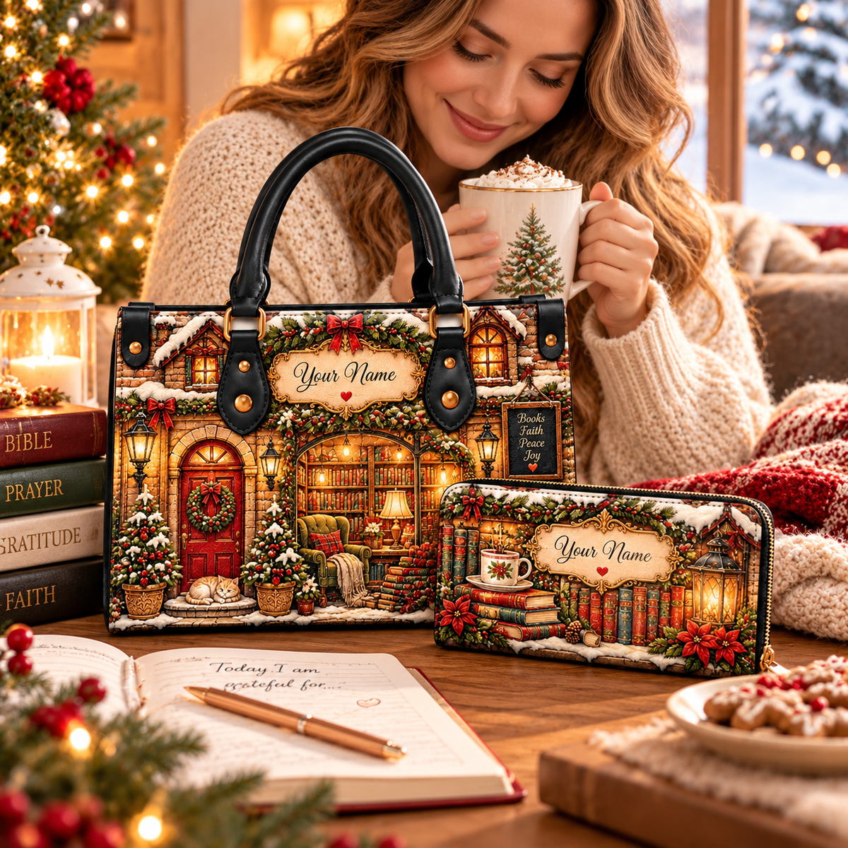 Personalized Snowy Cottage Bookshop PU Leather Handbag & Leather Long Wallet