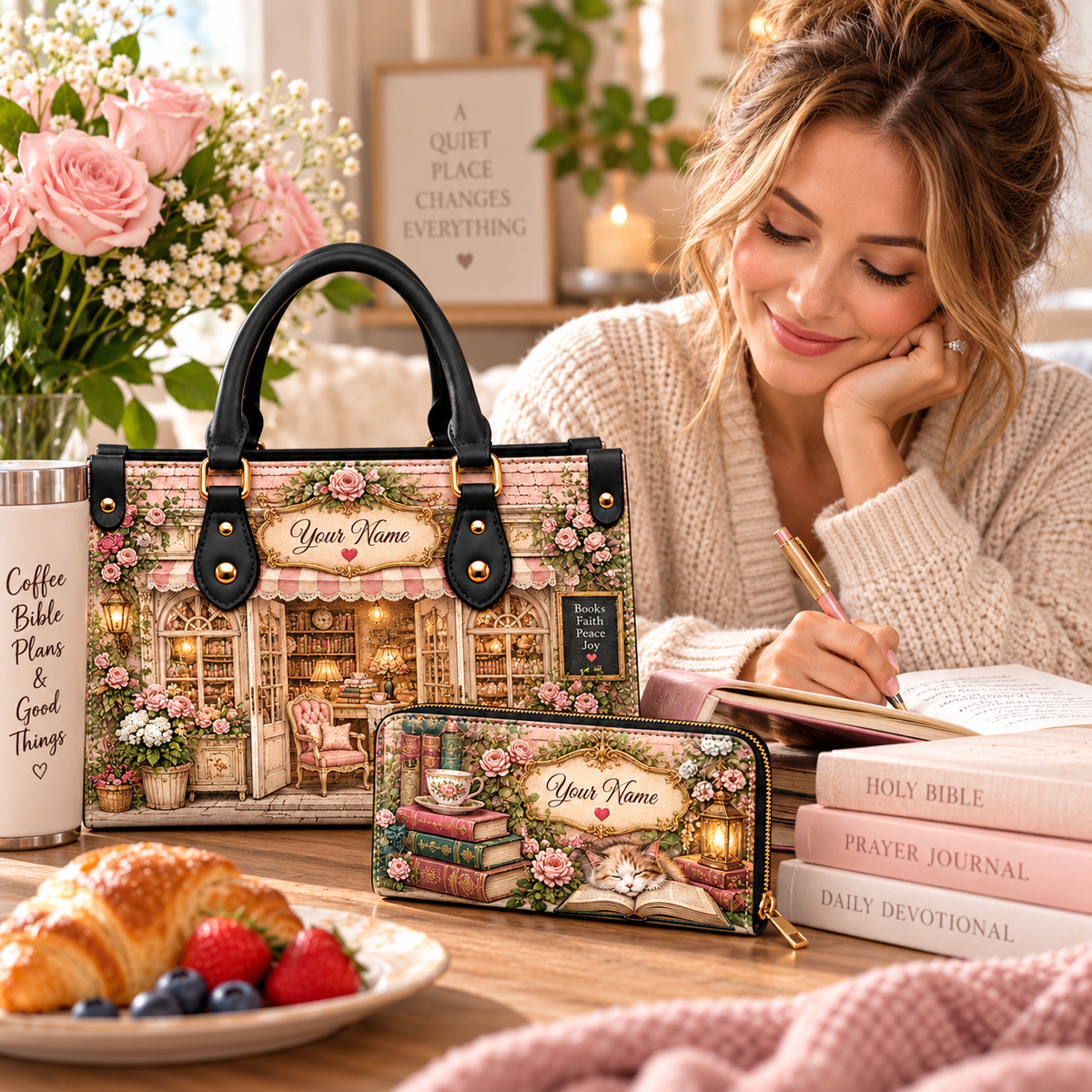 Personalized Blush Rose Bookshop PU Leather Handbag & Leather Long Wallet