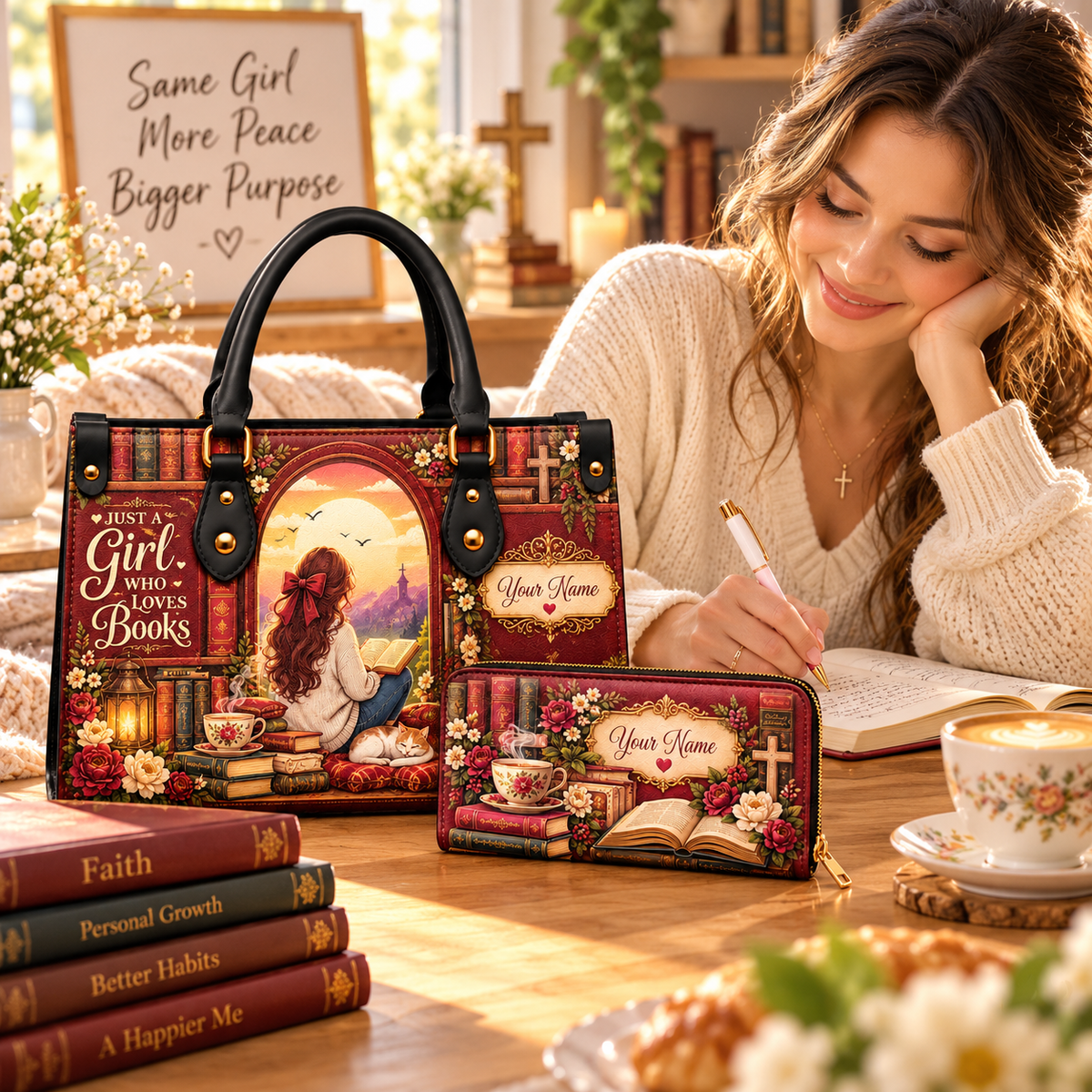 Personalized Sunset Reading Girl PU Leather Handbag & Leather Long Wallet