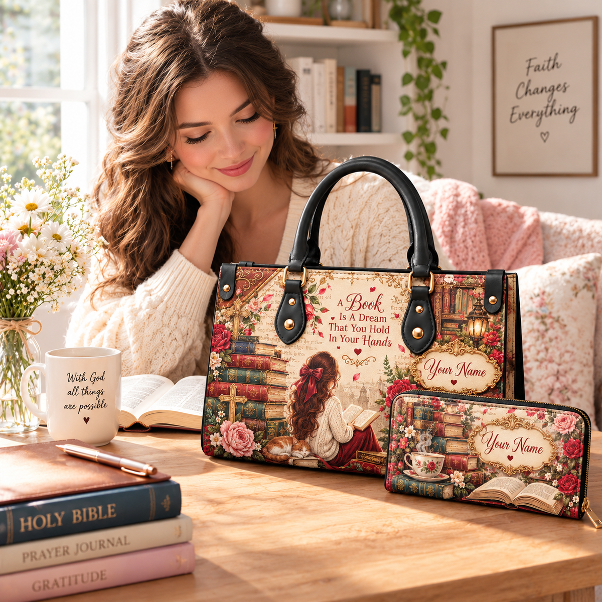 Personalized Book Dream Reading Girl PU Leather Handbag & Leather Long Wallet