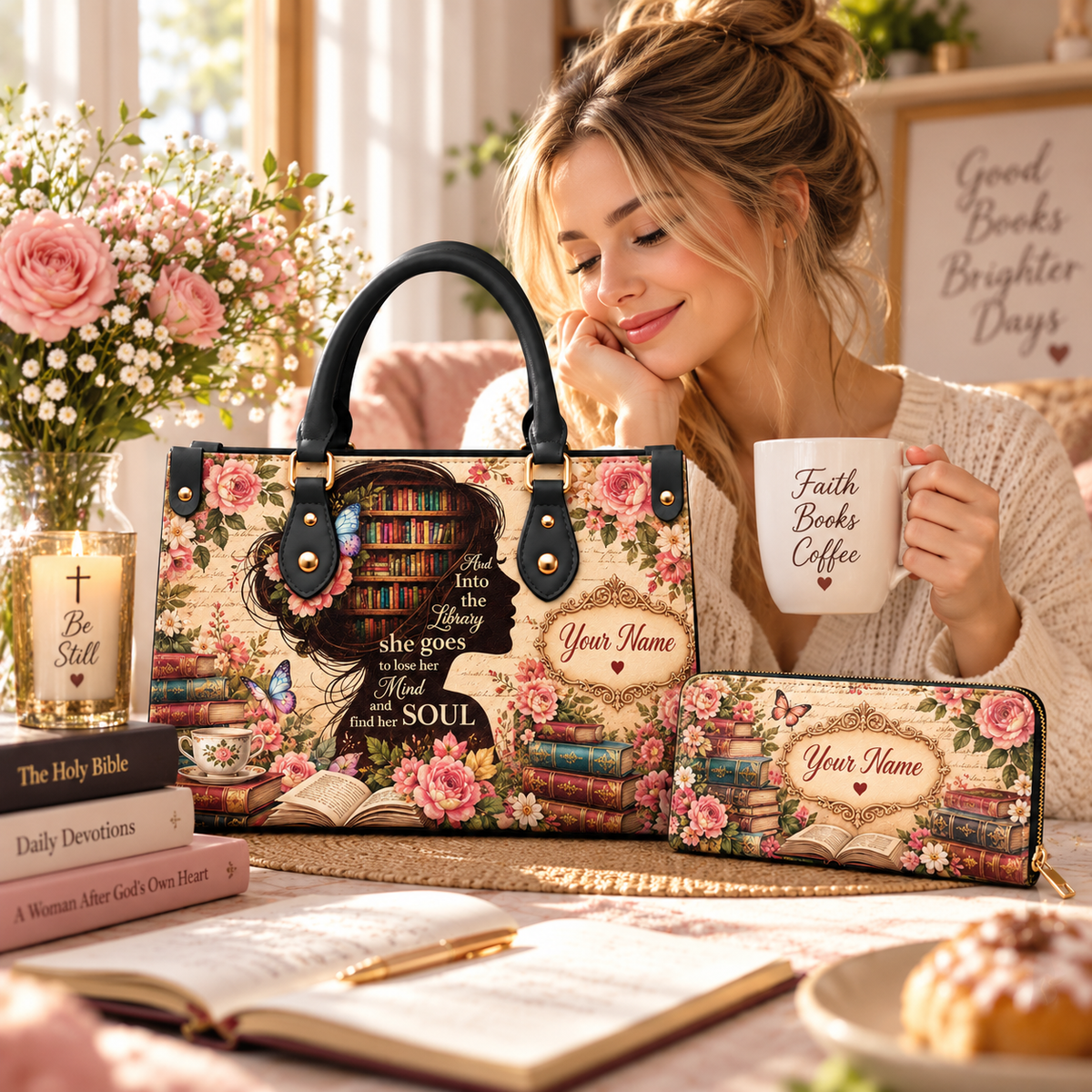 Personalized Floral Library Silhouette PU Leather Handbag & Leather Long Wallet