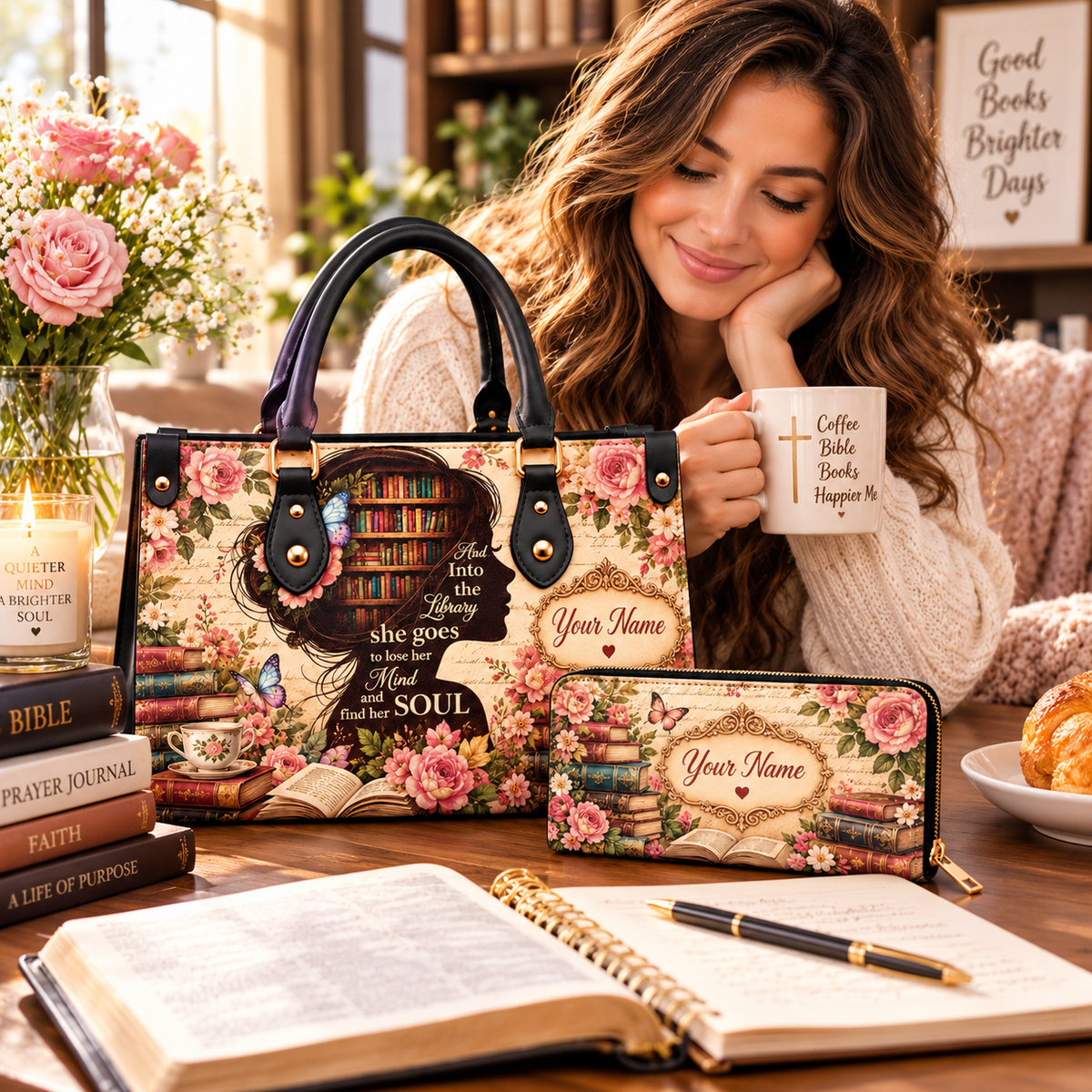 Personalized Floral Library Silhouette PU Leather Handbag & Leather Long Wallet