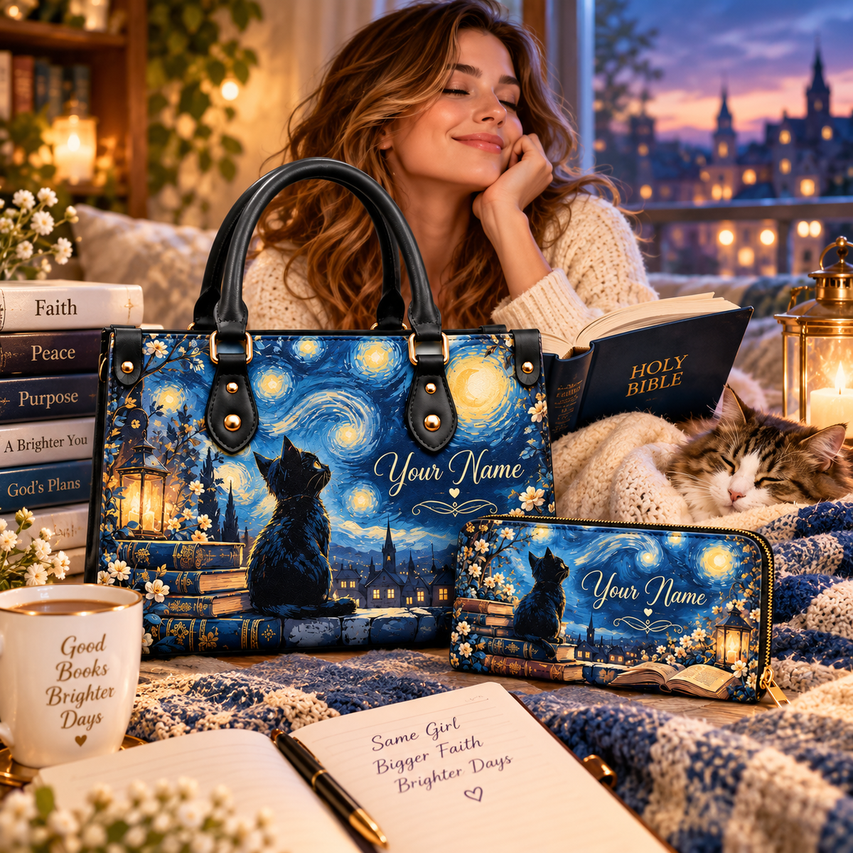 Personalized Starry Night Black Cat PU Leather Handbag & Leather Long Wallet