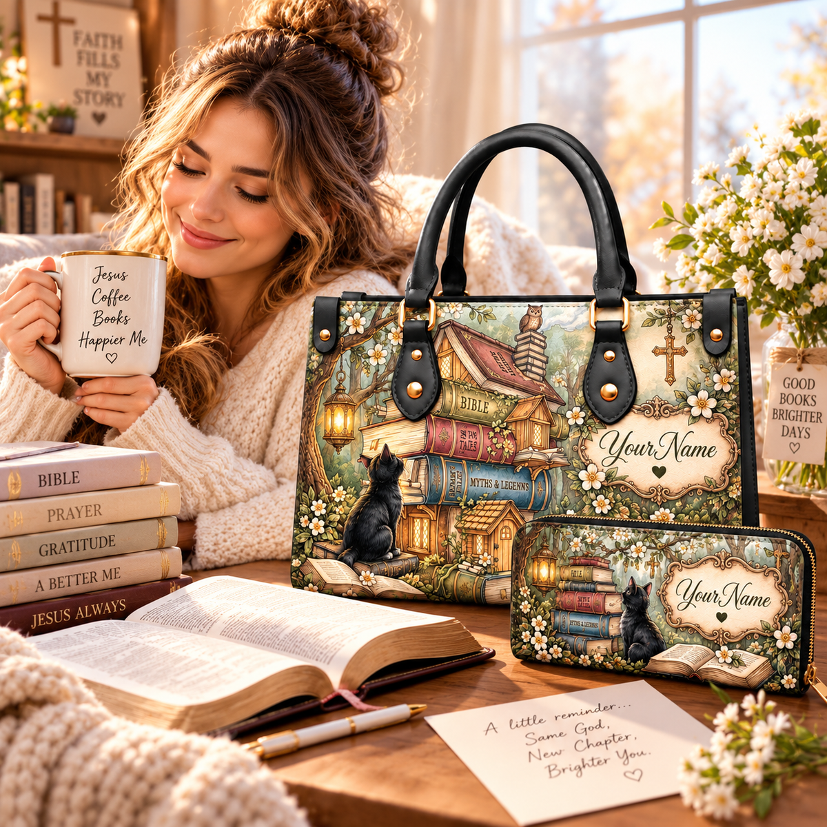 Personalized Woodland Book Cottage PU Leather Handbag & Leather Long Wallet