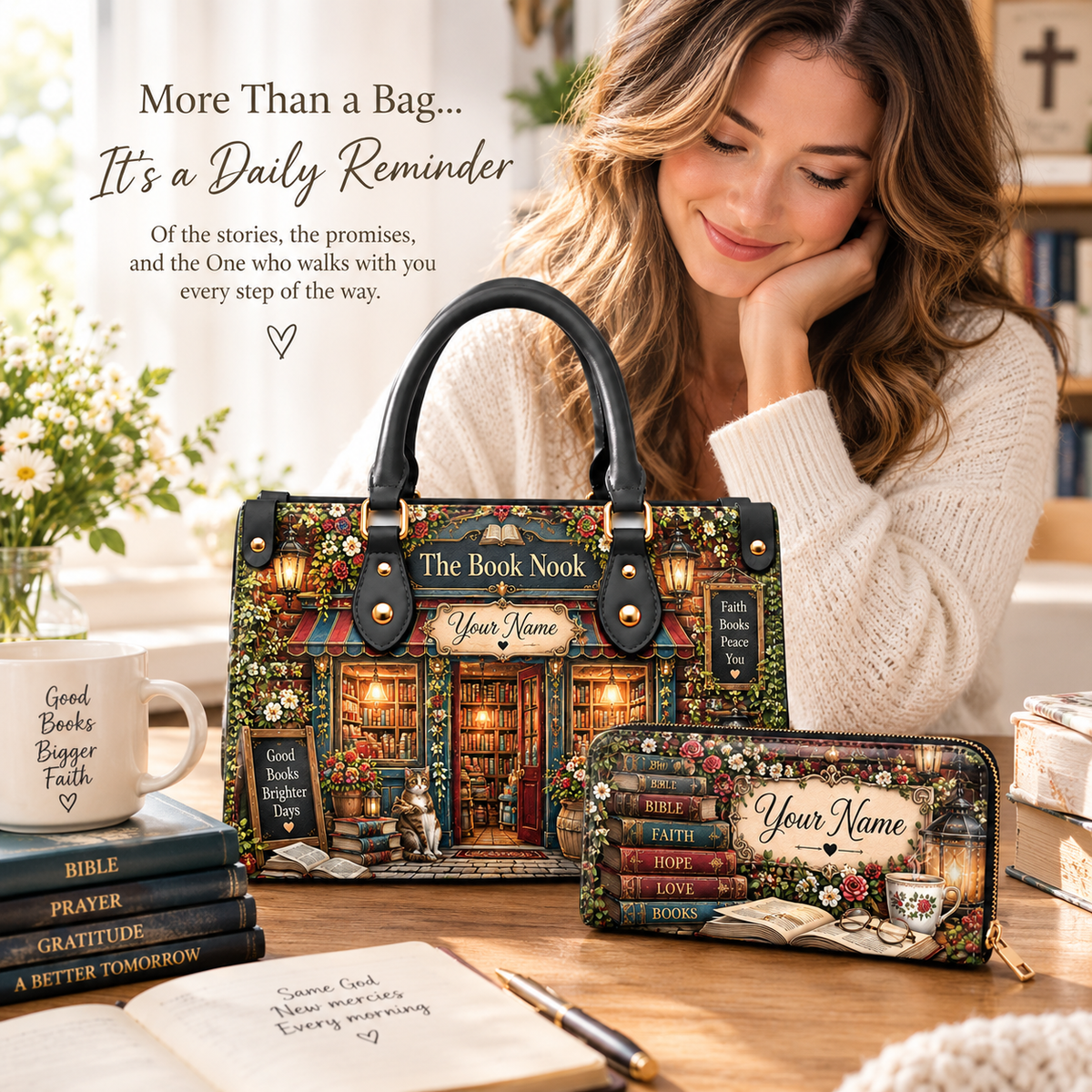 Personalized Book Nook PU Leather Handbag & Leather Long Wallet
