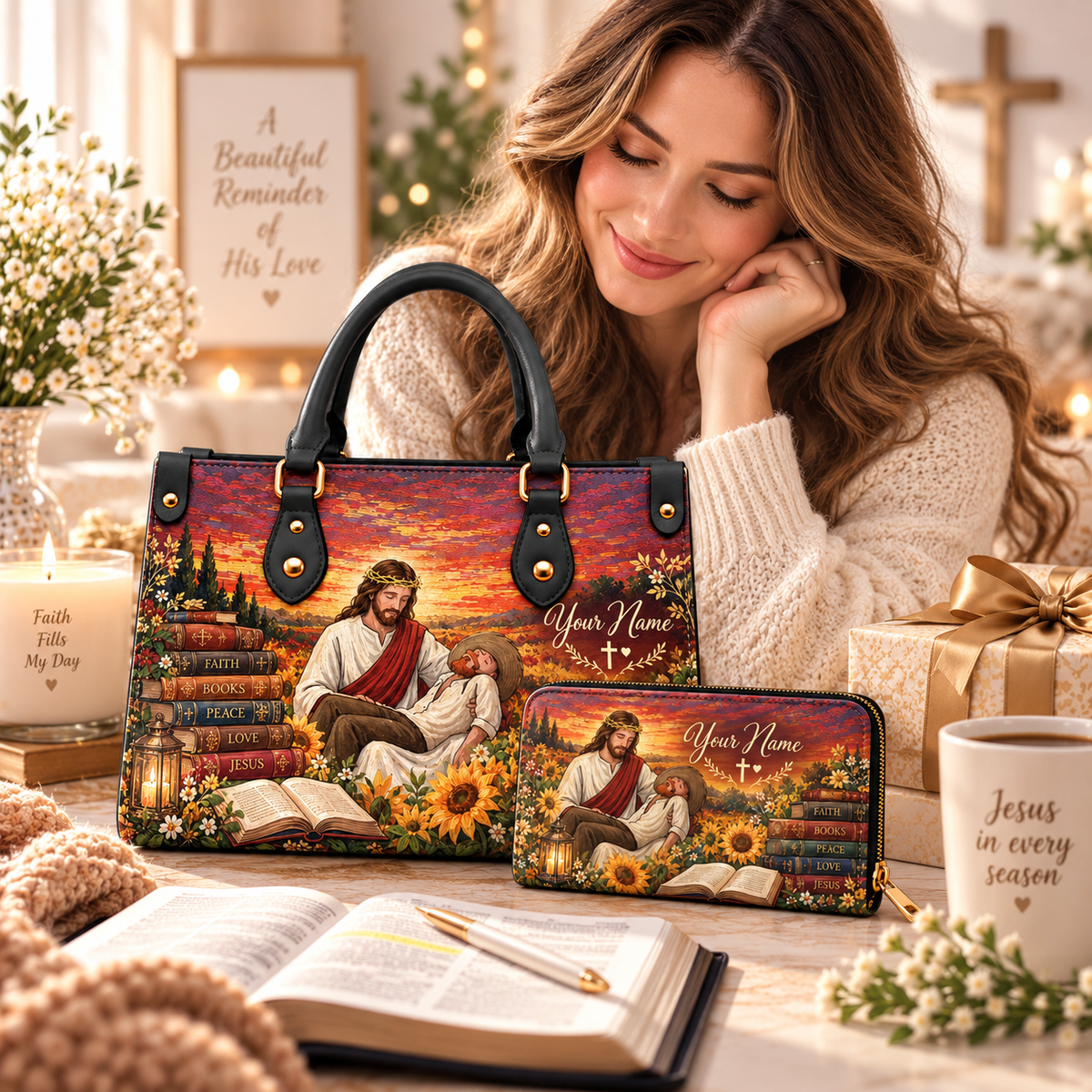 Personalized Sunset Sunflower Reading Scene PU Leather Handbag & Leather Long Wallet