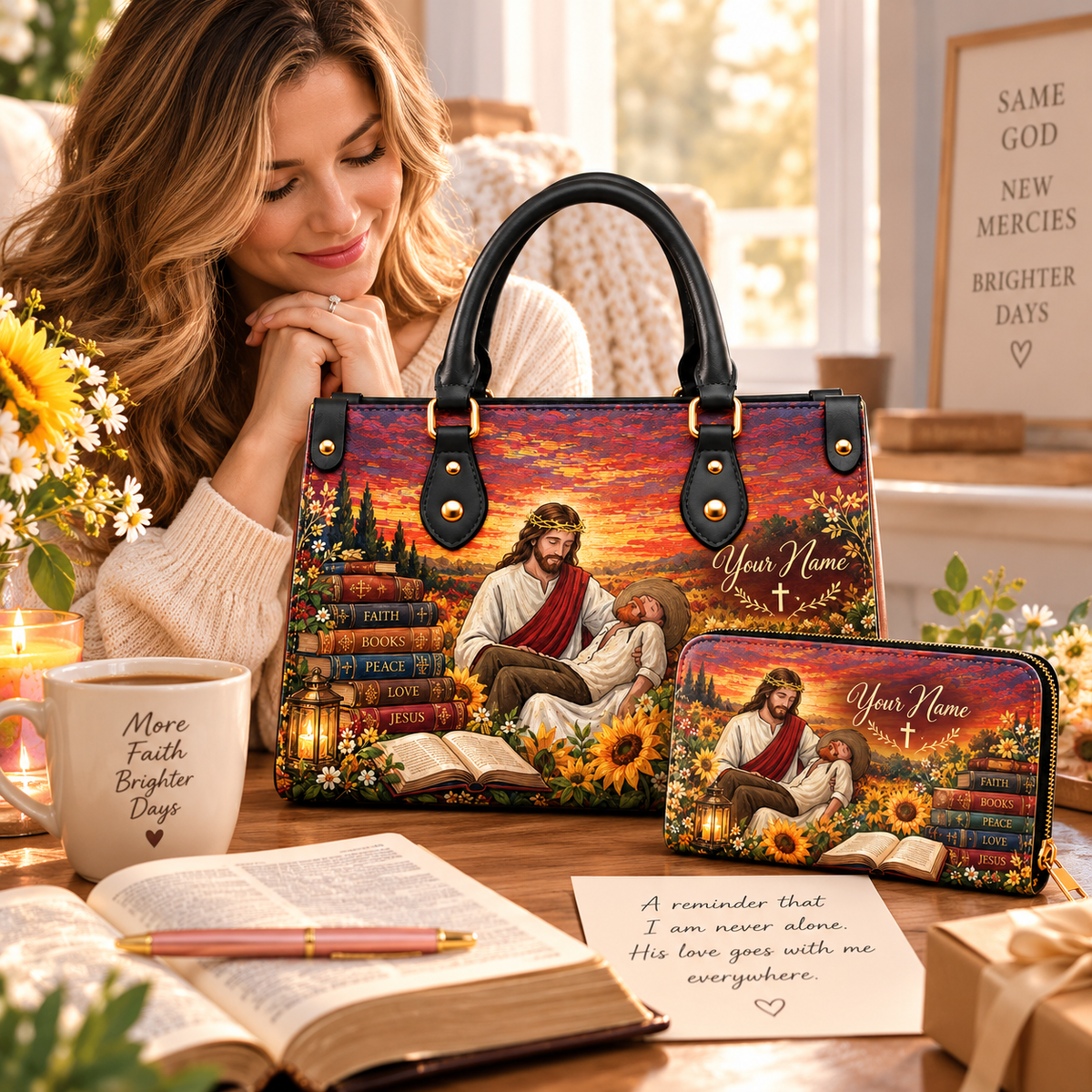 Personalized Sunset Sunflower Reading Scene PU Leather Handbag & Leather Long Wallet