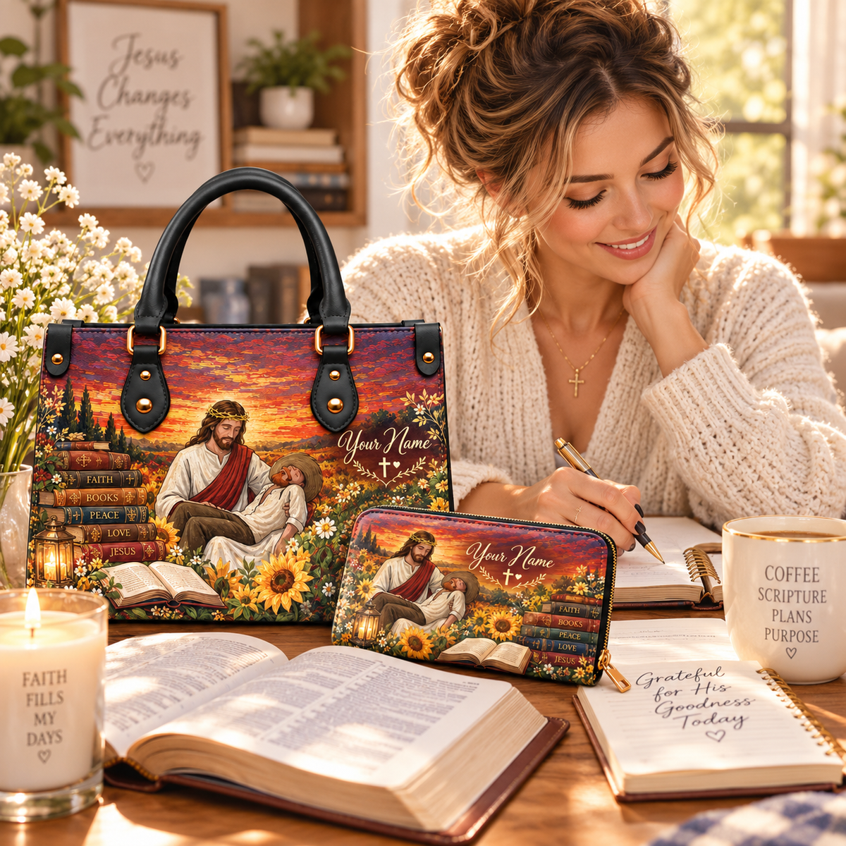 Personalized Sunset Sunflower Reading Scene PU Leather Handbag & Leather Long Wallet