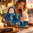 Personalized Blue Gold Portrait PU Leather Handbag & Leather Long Wallet