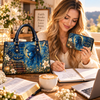 Personalized Blue Gold Portrait PU Leather Handbag & Leather Long Wallet